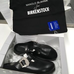 Manolo Blahnik x Birkenstock  Boston Black  Christal clogs  sz 38 Excellent